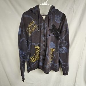 Christian Audigier VintageAll Over Print Zip Up Hoodie XL RARE Ed Hardy